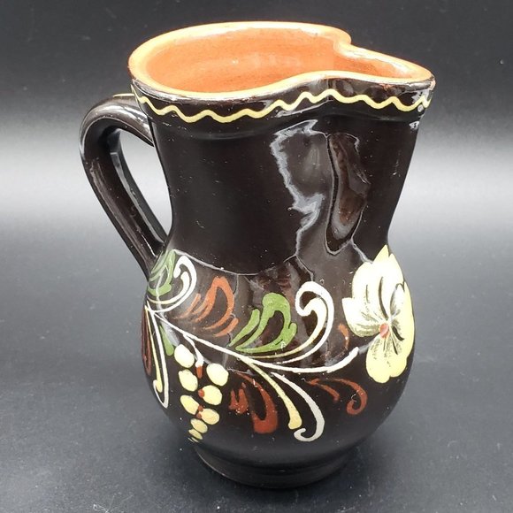 HUNGARIAN Redware Hand Painted Brown Floral Beige Green Glazed Handled Pitcher - Picture 2 of 11